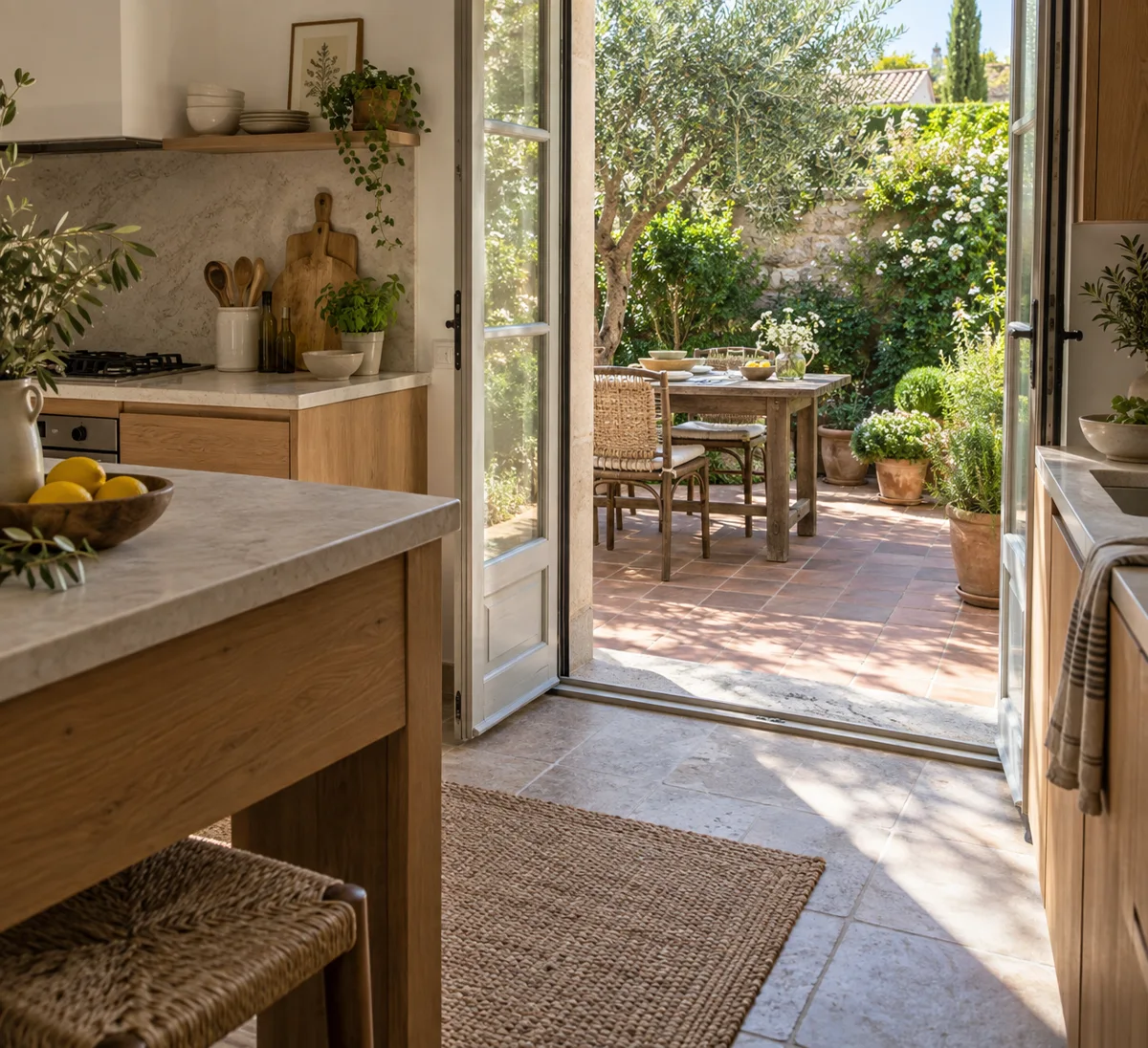 Imagen conceptual: Cocina de madera conectada a un patio ajardinado mediante puertas acristaladas